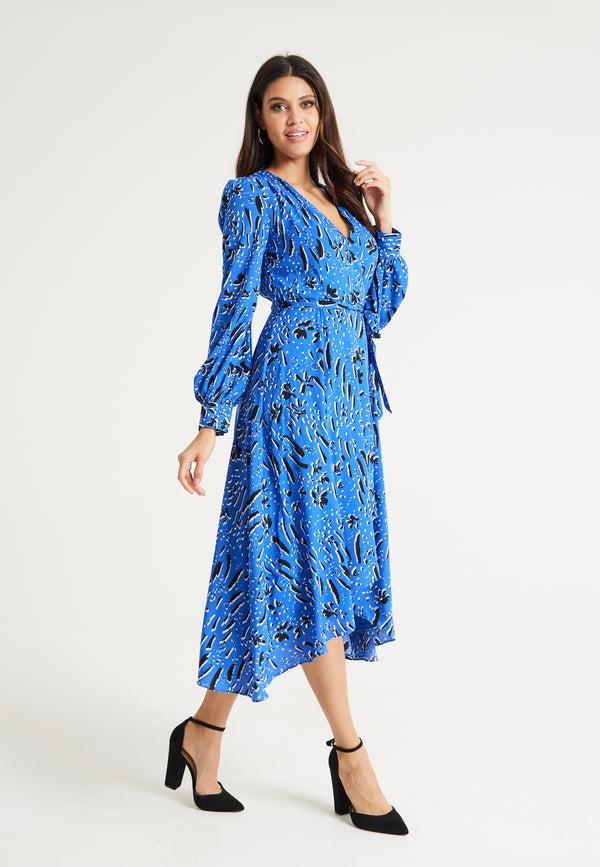 Liquorish Women's Midi Wrap Dress In Cobalt Blue With Full-Length Sleeves - Artistic Floral Design By Liquorish