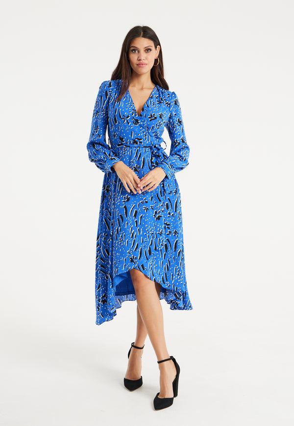Liquorish Women's Midi Wrap Dress In Cobalt Blue With Full-Length Sleeves - Artistic Floral Design By Liquorish