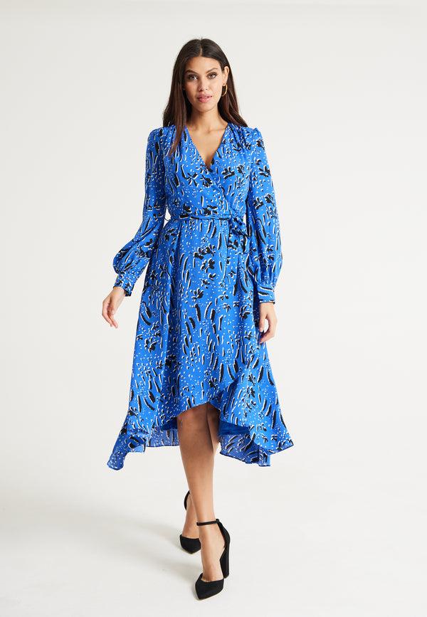 Liquorish Women's Midi Wrap Dress In Cobalt Blue With Full-Length Sleeves - Artistic Floral Design By Liquorish