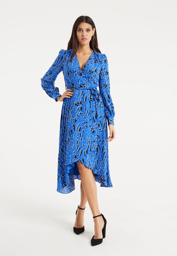 Liquorish Women's Midi Wrap Dress in Cobalt Blue with Full-Length Sleeves - Artistic Floral Design by Liquorish