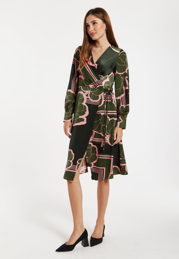 Liquorish Women's Midi Wrap Dress In Dark Green With Long Sleeves And Geometric Floral Print By Liquorish
