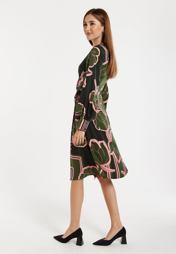 Liquorish Women's Midi Wrap Dress In Dark Green With Long Sleeves And Geometric Floral Print By Liquorish