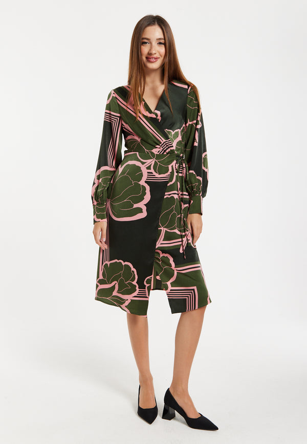Liquorish Women's Midi Wrap Dress in Dark Green with Long Sleeves and Geometric Floral Print by Liquorish