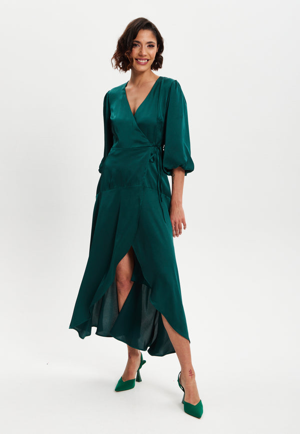 Liquorish Women's Midi Wrap Dress In Dark Green With Short Puff Sleeves - Elegant Design By Liquorish