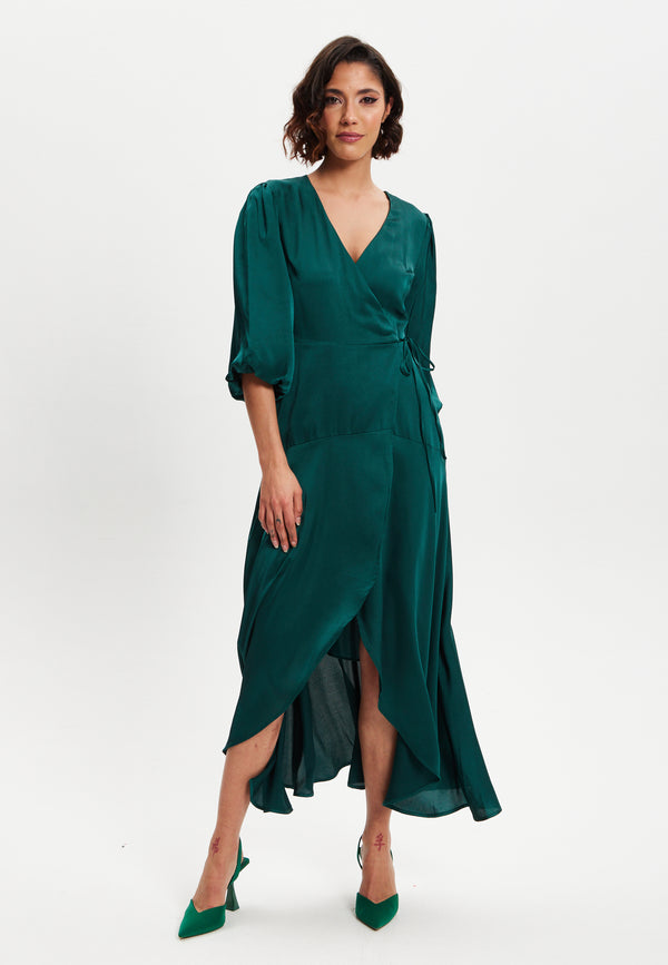 Liquorish Women's Midi Wrap Dress In Dark Green With Short Puff Sleeves - Elegant Design By Liquorish