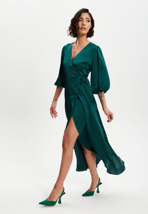 Liquorish Women's Midi Wrap Dress In Dark Green With Short Puff Sleeves - Elegant Design By Liquorish