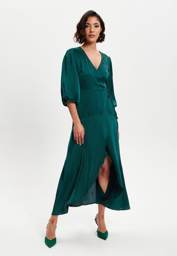 Liquorish Women's Midi Wrap Dress in Dark Green with Short Puff Sleeves - Elegant Design by Liquorish