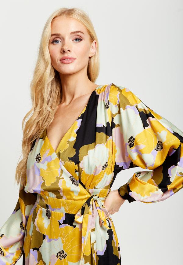 Liquorish Women's Midi Wrap Dress In Earth Tone Floral Print With Long Balloon Sleeves – Stylish Elegance By Liquorish