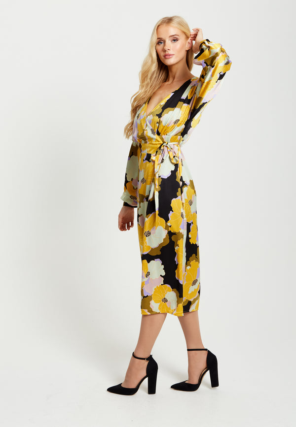 Liquorish Women's Midi Wrap Dress In Earth Tone Floral Print With Long Balloon Sleeves – Stylish Elegance By Liquorish