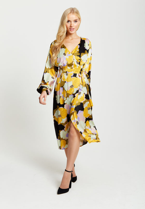 Liquorish Women's Midi Wrap Dress in Earth Tone Floral Print with Long Balloon Sleeves – Stylish Elegance by Liquorish