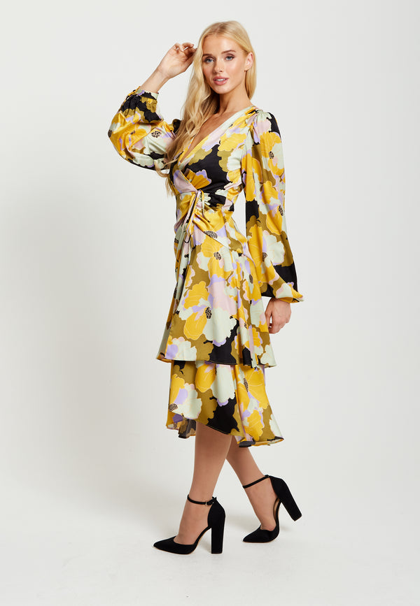Liquorish Women's Midi Wrap Dress In Earth Tone Floral With Long Balloon Sleeves & Frill Details - Liquorish