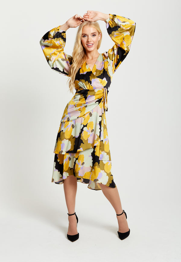 Liquorish Women's Midi Wrap Dress in Earth Tone Floral with Long Balloon Sleeves & Frill Details - Liquorish