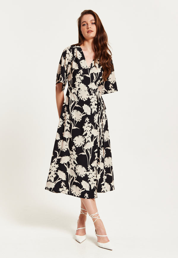 Liquorish Women's Midi Wrap Dress in Floral Print with Kimono Sleeves - V Neck Tie Waist Adjustable Fit - Liquorish