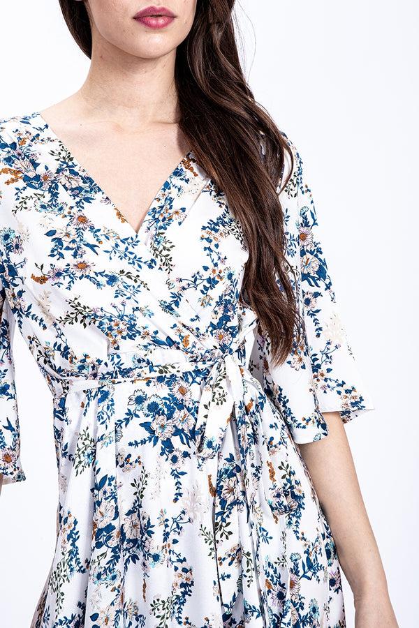 Liquorish Women's Midi Wrap Dress In Floral Print With Tie Belt Elbow Sleeves And Waterfall Hem - Liquorish