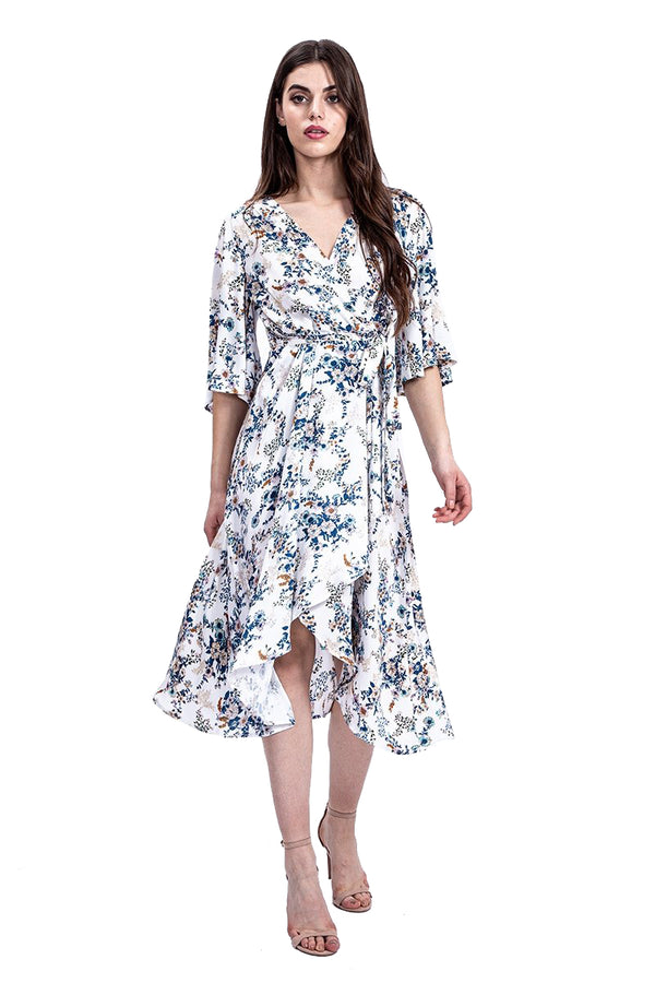 Liquorish Women's Midi Wrap Dress in Floral Print with Tie Belt Elbow Sleeves and Waterfall Hem - Liquorish