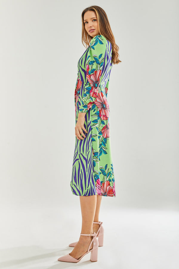 Liquorish Women's Midi Wrap Dress In Green Floral And Animal Contrast Print - Long Sleeves With Waist Wrap Detail By Liquorish