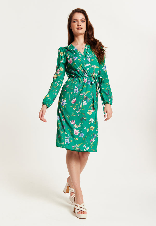 Liquorish Women's Midi Wrap Dress In Green Floral Print With Long Sleeves - Chic Elegance By Liquorish