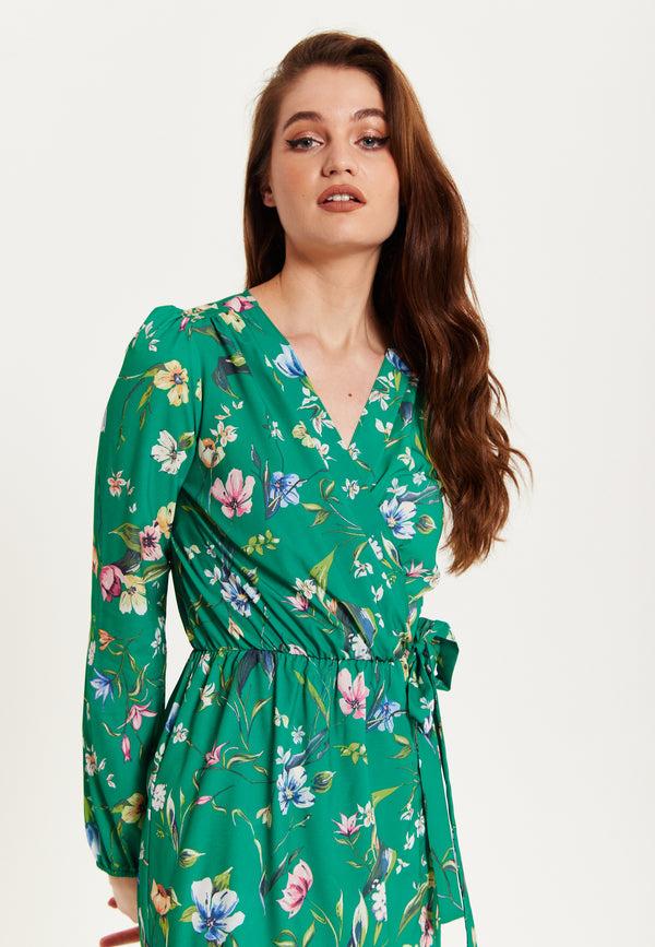 Liquorish Women's Midi Wrap Dress In Green Floral Print With Long Sleeves - Chic Elegance By Liquorish