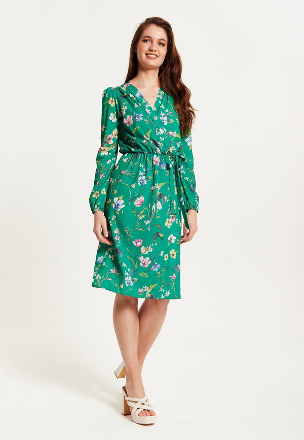 Liquorish Women's Midi Wrap Dress in Green Floral Print with Long Sleeves - Chic Elegance by Liquorish