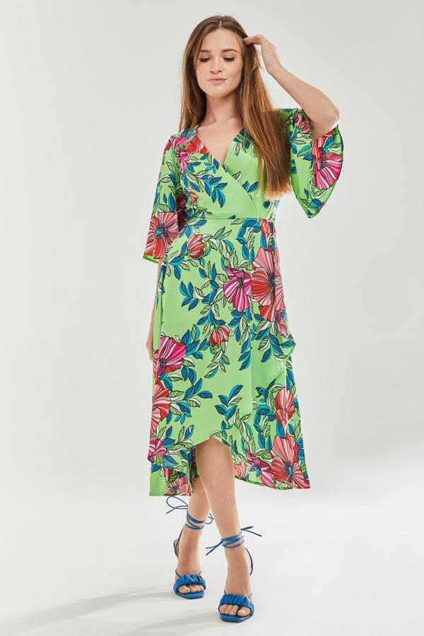 Liquorish Women's Midi Wrap Dress In Green With Flared Sleeves - Elegant Floral Design By Liquorish