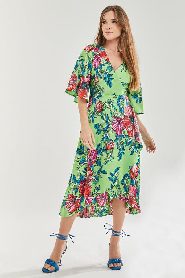 Liquorish Women's Midi Wrap Dress In Green With Flared Sleeves - Elegant Floral Design By Liquorish