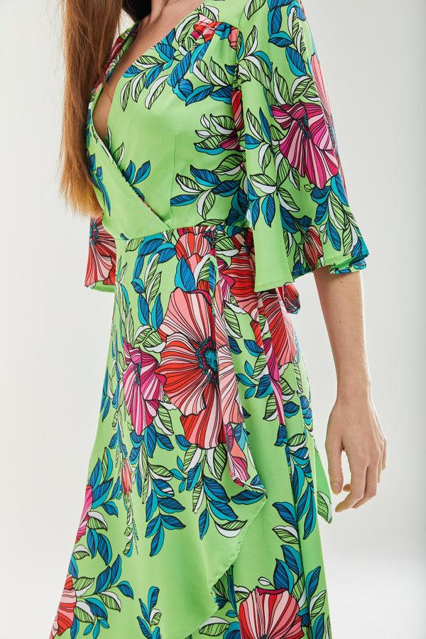 Liquorish Women's Midi Wrap Dress In Green With Flared Sleeves - Elegant Floral Design By Liquorish