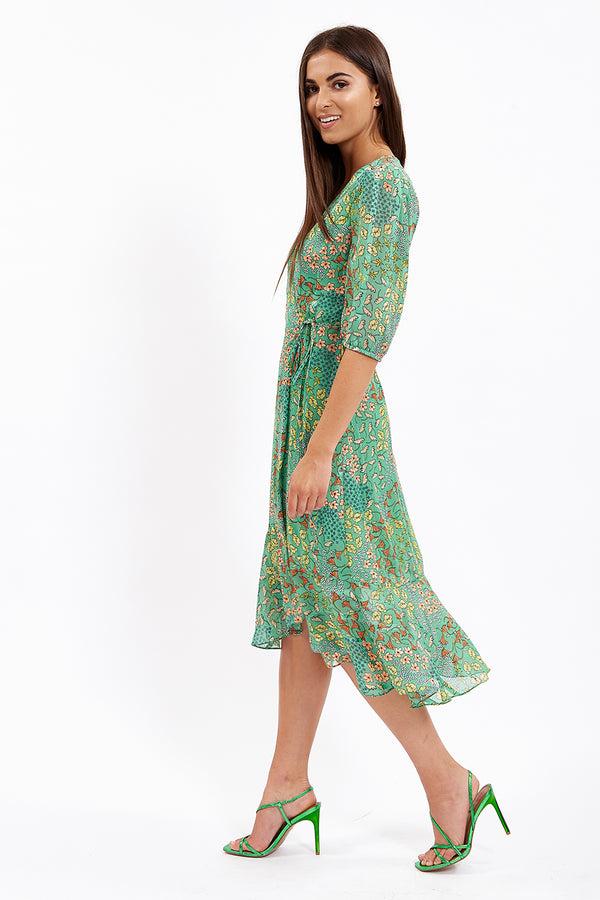 Liquorish Women's Midi Wrap Dress In Green With Short Sleeves - Elegant Floral Design By Liquorish