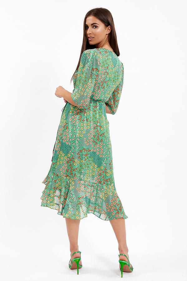 Liquorish Women's Midi Wrap Dress In Green With Short Sleeves - Elegant Floral Design By Liquorish