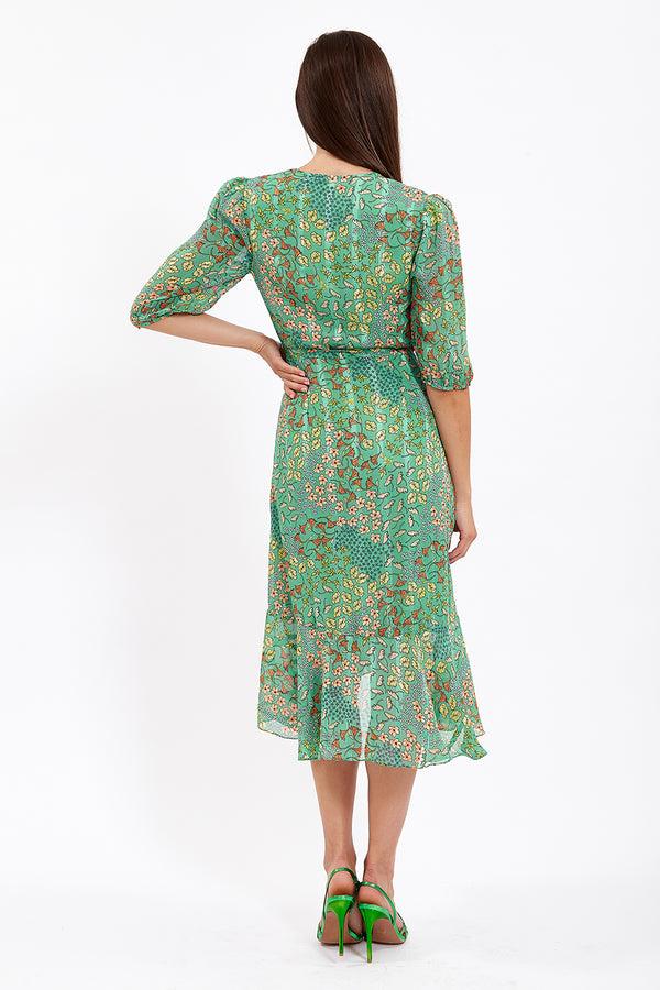 Liquorish Women's Midi Wrap Dress In Green With Short Sleeves - Elegant Floral Design By Liquorish