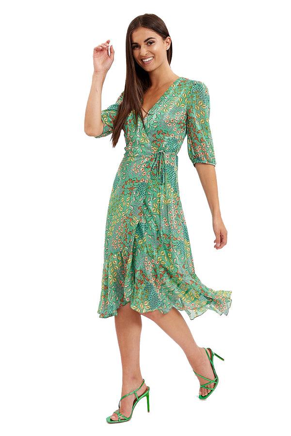 Liquorish Women's Midi Wrap Dress in Green with Short Sleeves - Elegant Floral Design by Liquorish
