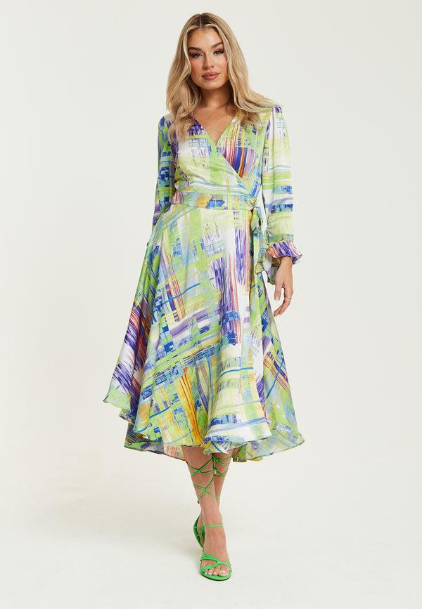 Liquorish Women's Midi Wrap Dress In Green With V Neck Side Tie Flouncy Cuffs - Perfect For Every Occasion By Liquorish