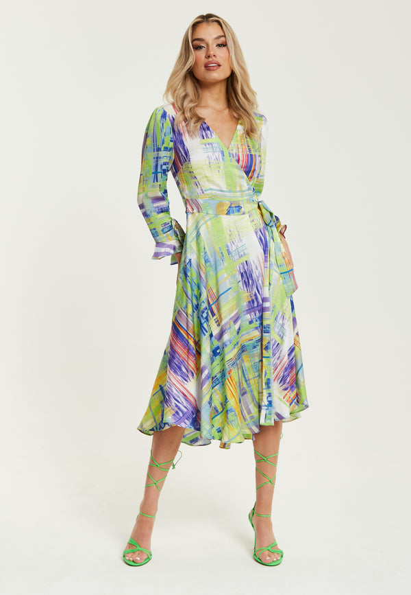 Liquorish Women's Midi Wrap Dress In Green With V Neck Side Tie Flouncy Cuffs - Perfect For Every Occasion By Liquorish