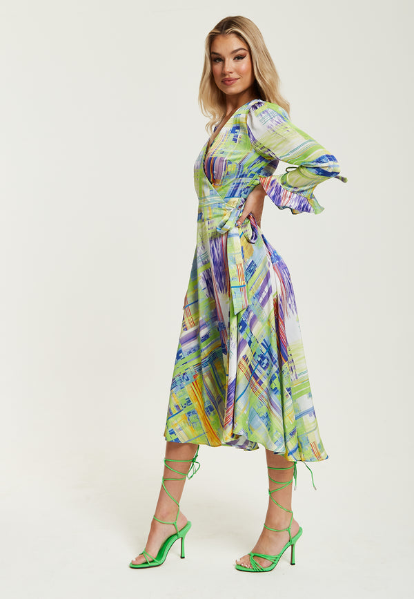 Liquorish Women's Midi Wrap Dress In Green With V Neck Side Tie Flouncy Cuffs - Perfect For Every Occasion By Liquorish