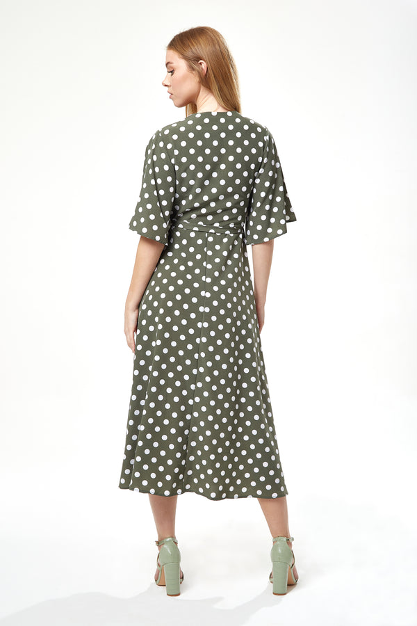 Liquorish Women's Midi Wrap Dress In Khaki With Kimono Sleeves - Chic Polka Dot Design By Liquorish