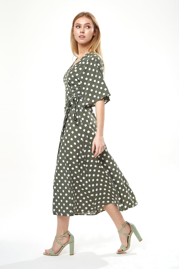 Liquorish Women's Midi Wrap Dress In Khaki With Kimono Sleeves - Chic Polka Dot Design By Liquorish