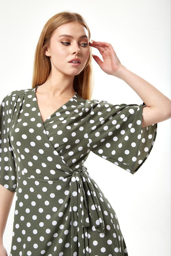 Liquorish Women's Midi Wrap Dress In Khaki With Kimono Sleeves - Chic Polka Dot Design By Liquorish