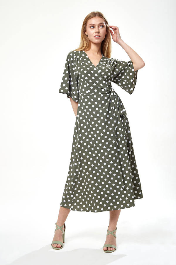 Liquorish Women's Midi Wrap Dress in Khaki with Kimono Sleeves - Chic Polka Dot Design by Liquorish
