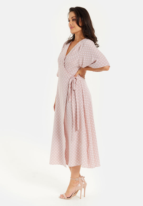 Liquorish Women’s Midi Wrap Dress In Light Pink With Kimono Sleeves - Elegant Design By Liquorish