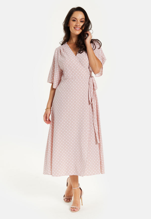 Liquorish Women’s Midi Wrap Dress in Light Pink with Kimono Sleeves - Elegant Design by Liquorish