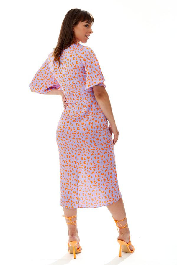 Liquorish Women's Midi Wrap Dress In Lilac And Orange With Kimono Sleeves - Elegant Cheetah Print Design By Liquorish