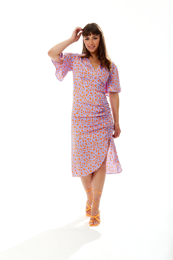 Liquorish Women's Midi Wrap Dress in Lilac and Orange with Kimono Sleeves - Elegant Cheetah Print Design by Liquorish