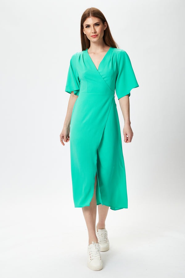 Liquorish Women's Midi Wrap Dress in Mint Green with Short Kimono Sleeves - Elegant Style by Liquorish