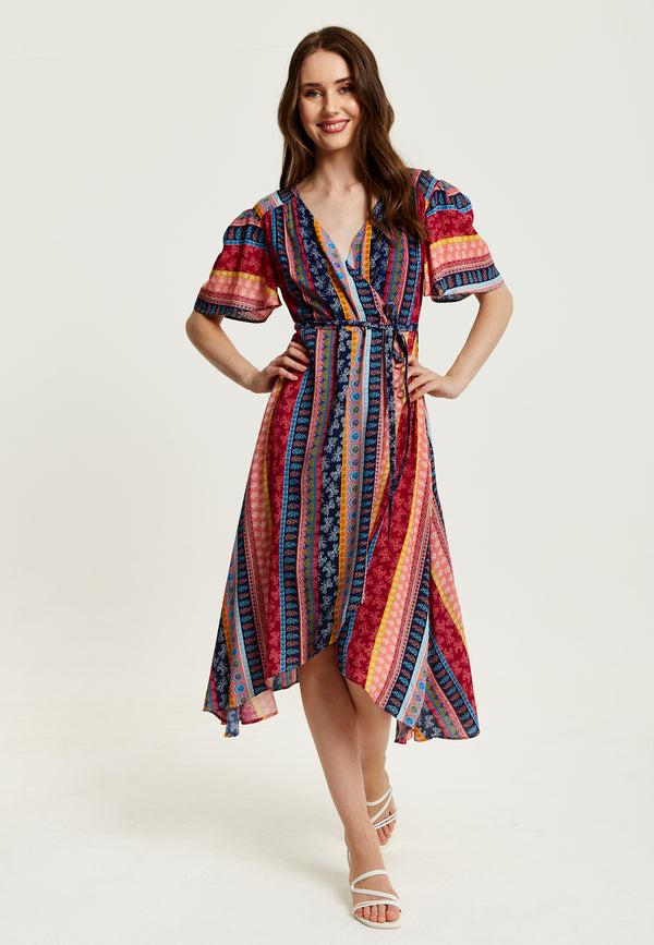 Liquorish Women's Midi Wrap Dress In Multicolour With Short Sleeves And Paisley Print - Elegant V Neck Design By Liquorish