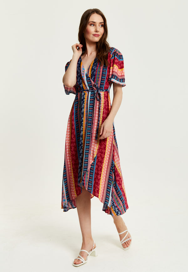 Liquorish Women's Midi Wrap Dress In Multicolour With Short Sleeves And Paisley Print - Elegant V Neck Design By Liquorish