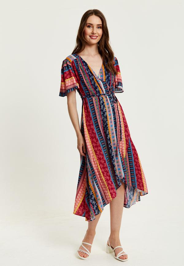 Liquorish Women's Midi Wrap Dress In Multicolour With Short Sleeves And Paisley Print - Elegant V Neck Design By Liquorish