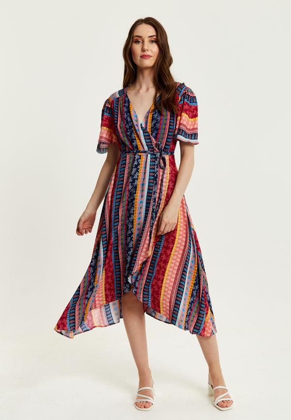 Liquorish Women's Midi Wrap Dress in Multicolour with Short Sleeves and Paisley Print - Elegant V Neck Design by Liquorish