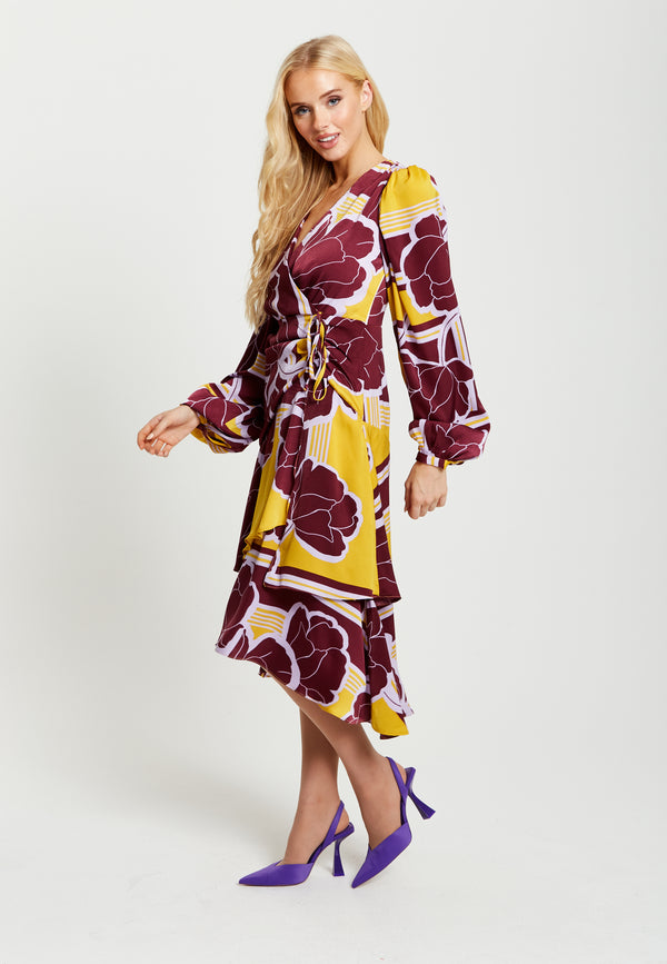 Liquorish Women's Midi Wrap Dress In Mustard And Burgundy With Long Balloon Sleeves - Elegant Satin By Liquorish
