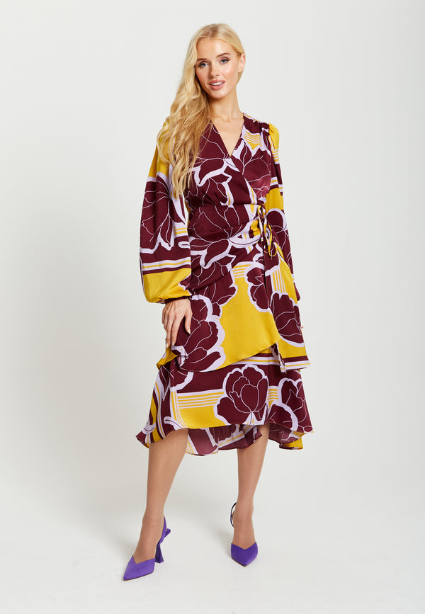 Liquorish Women's Midi Wrap Dress in Mustard and Burgundy with Long Balloon Sleeves - Elegant Satin by Liquorish
