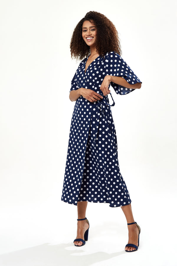 Liquorish Women's Midi Wrap Dress In Navy With Kimono Sleeves - Chic Big Polka Dot Design By Liquorish