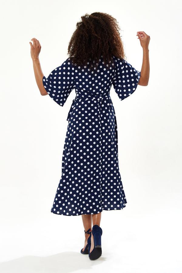 Liquorish Women's Midi Wrap Dress In Navy With Kimono Sleeves - Chic Big Polka Dot Design By Liquorish